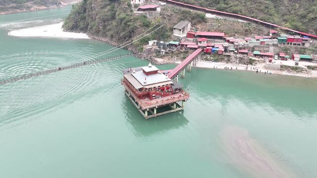 Aerial shot of Dhari Devi temple in Uttarakhand, India