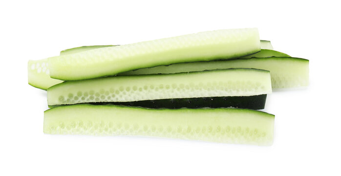Pieces of fresh ripe cucumbers isolated on white