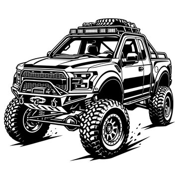 Black and white vector line art of an expedition-ready off-road pickup truck with a roof rack, spare tire, and LED light bar. Ideal for outdoor adventure themes.