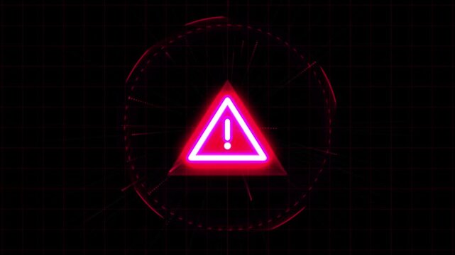 Neon pink cyber security warning alert triangle hud background animation