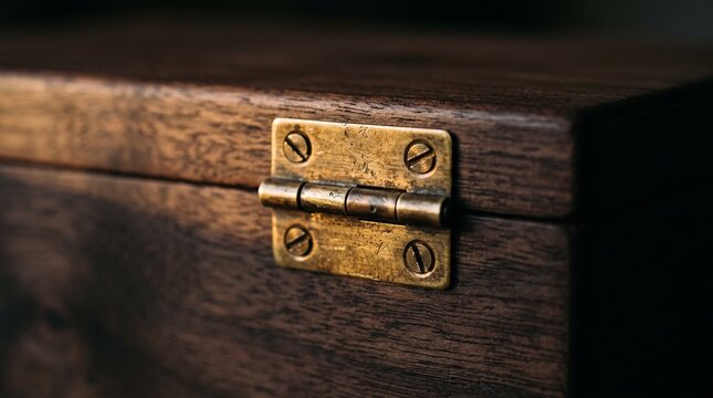 Brass hinge mounted on the edge of a closed wooden box