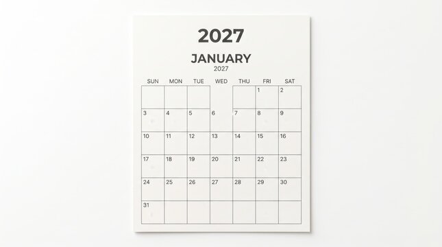 Minimalist wall calendar for the year 2027 showing january month with calendar schedule planning minimalist template typography organizer upcoming beginning appointment as transparent object