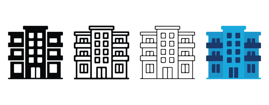 Apartment Building Icons with Various Design Styles and Color Variations Isolated
