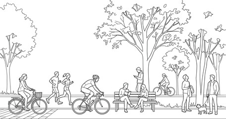 Fototapeta premium Group of people sitting on benches in a park with trees and bicycles in a flat