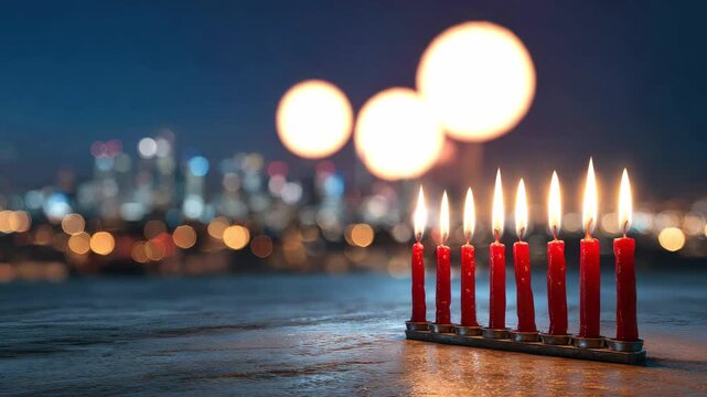 A Hanukkah menorah with red candles stands against the backdrop of a night city with bright lights, reflections in the water, and flashes of fireworks