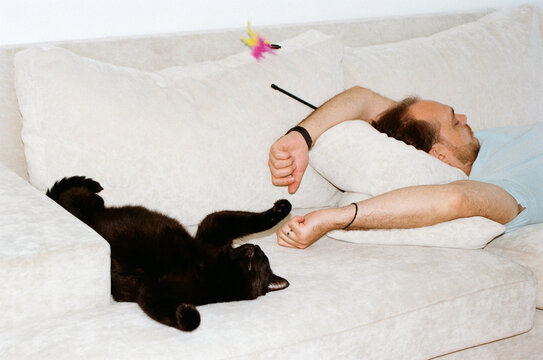 A cat and a man are relaxing on the sofa.