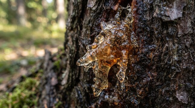 Golden tree resin sap dripping down a pine tree bark trunk in a forest as PNG cutout