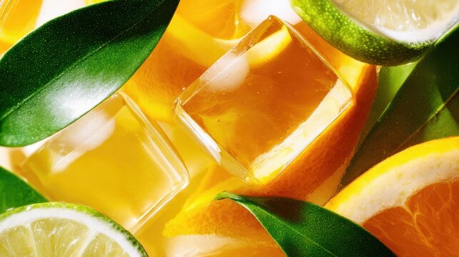 Vibrant slices of citrus fruit and ice cubes create a refreshing and bright summery vibe