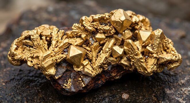 Raw Golden Crystal Mineral Cluster Specimen Embedded on Dark Rough Ore Stone