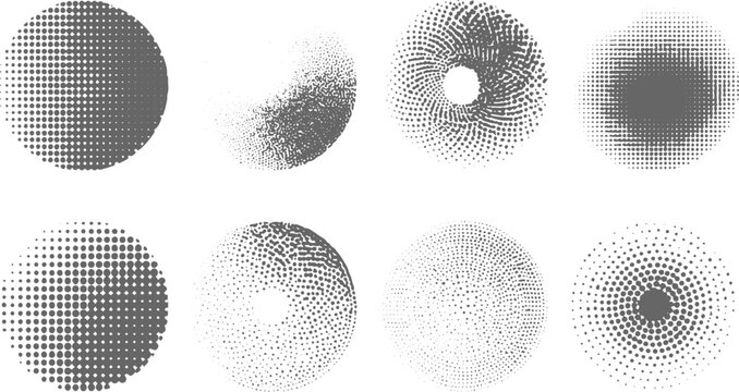 Dotted Halftone Vector Set, Abstract Circles, Radial Patterns and Geometric Designs.
