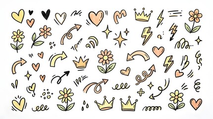 Obraz premium Doodle elements featuring cute hearts flowers crowns stars lightning bolts and arrows for creative design isolated on a clean white background