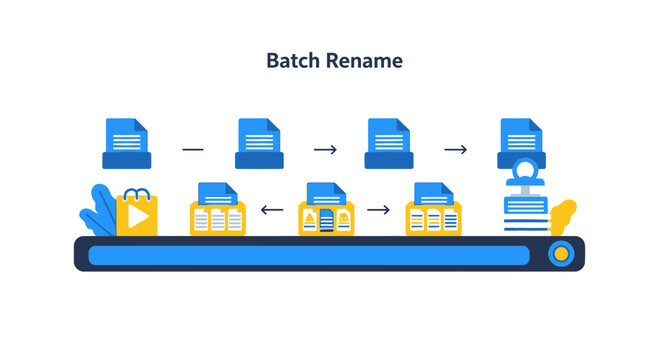 Flat vector illustration of a batch rename workflow with files on a digital conveyor.