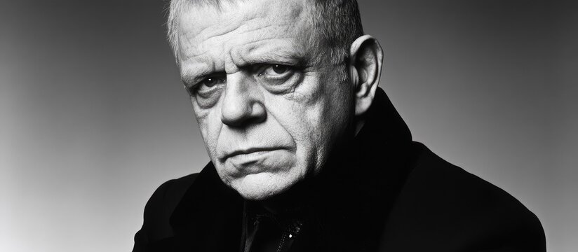 Black and White Portrait of an Intense Older Man with Stern Expression and Dark Clothing