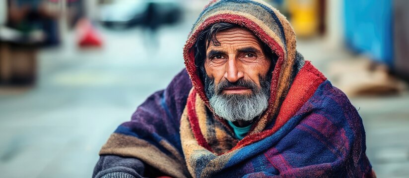 Portrait of a weathered elderly man wrapped in a colorful warm blanket in a city street