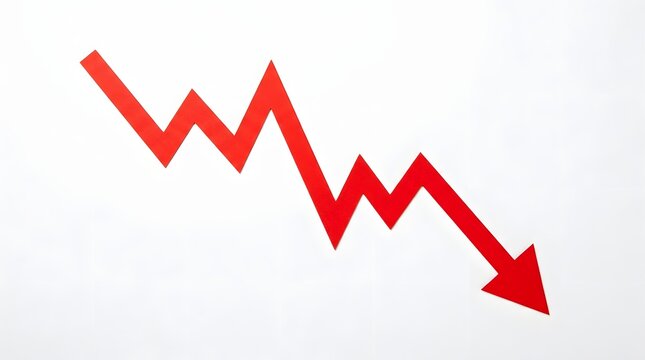 Red downward trend line graph arrow showing business decline and economic loss isolated on a white background