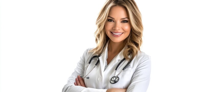 Professional Young Female Physician Smiling Confidently in Medical Uniform on White Background