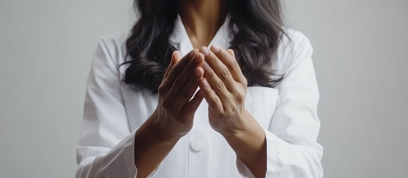 Professional Female Doctor in White Lab Coat with Hands Pressed Together in a Pleading Gesture