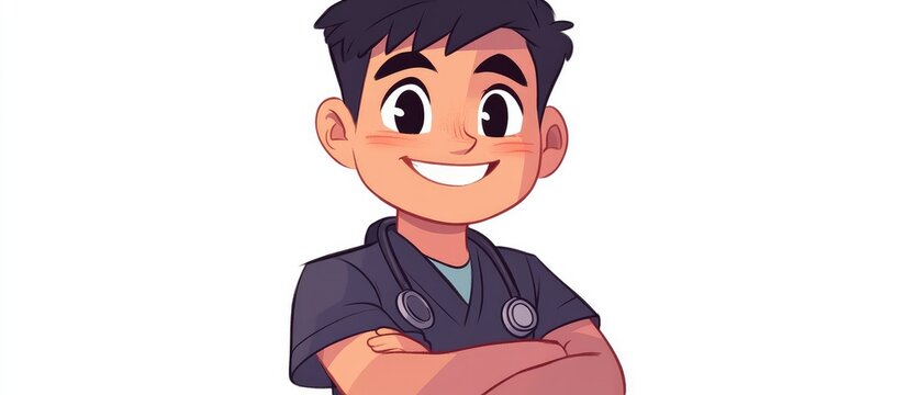 Happy young male doctor or medical student wearing blue scrubs and a stethoscope cartoon character illustration