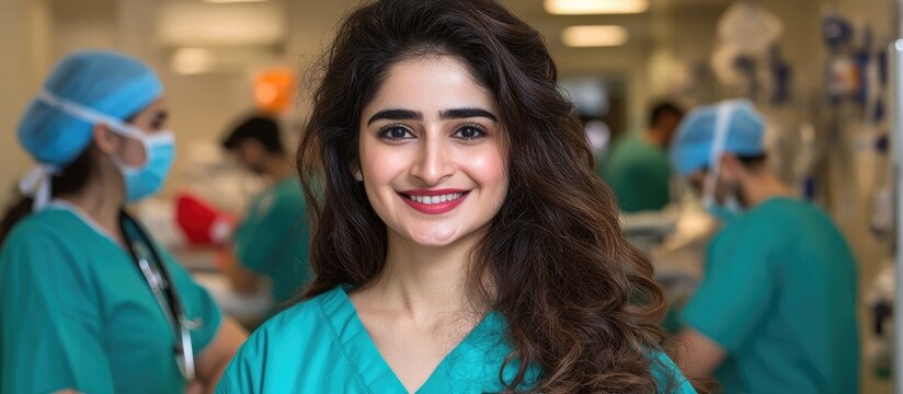 Confident Young Female Doctor Smiling in Teal Scrubs Within a Modern Hospital Clinic Environment