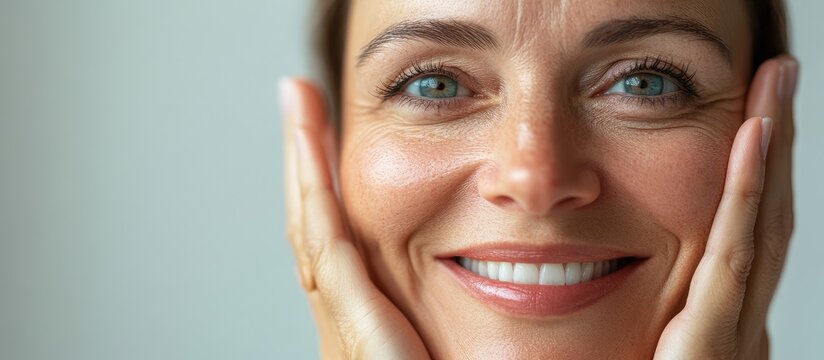 Portrait of a Happy Mature Woman Smiling with Hands on Cheeks Highlighting Radiant Skin and Wellness