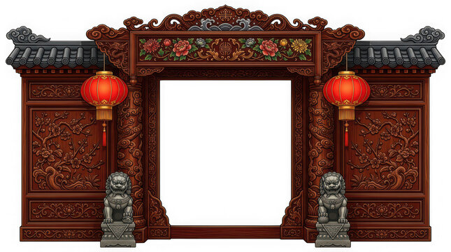 Intricate traditional chinese gate with decorative carvings and red lanterns flanking entrance isolated on transparent background