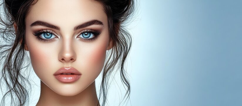 Beautiful young woman with blue eyes and professional makeup digital portrait illustration with copy space