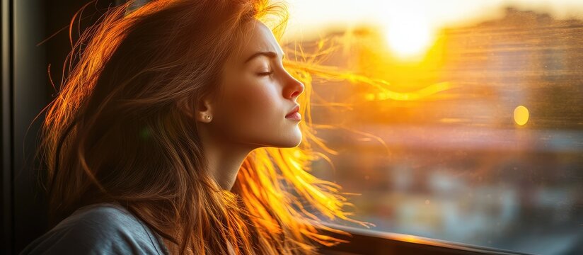 Serene Portrait of a Young Woman with Flowing Red Hair Basking in the Golden Hour Light of a Warm Sunset
