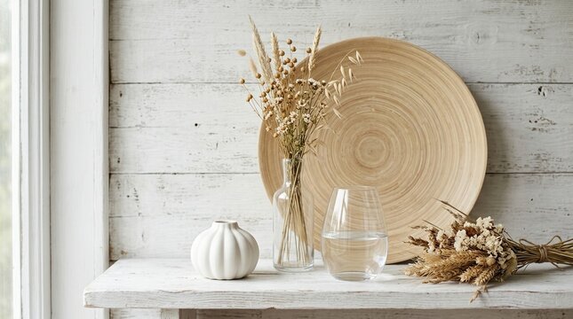 A rustic white wooden shelf holding a large bamboo plate, dried flowers, and a glass of water.