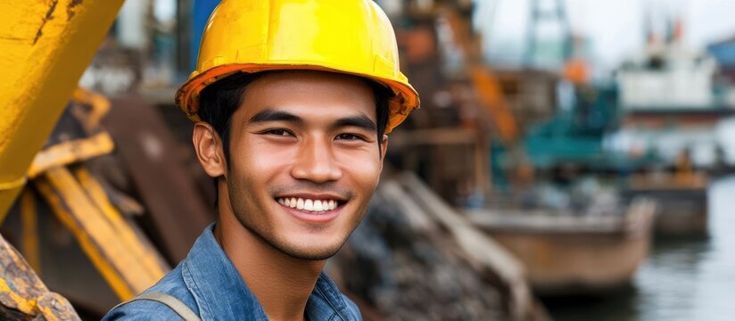 Smiling young male construction worker wearing yellow safety helmet in industrial shipyard