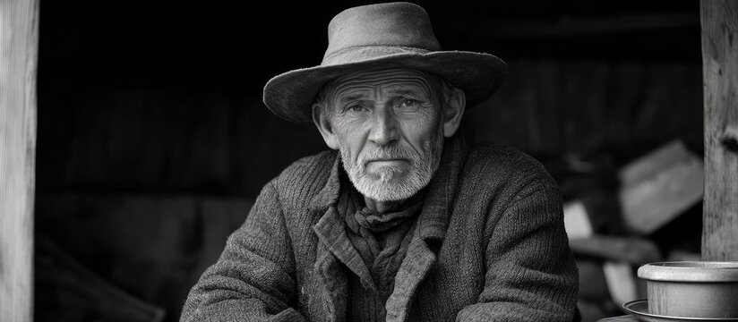 Portrait of a Weathered Elderly Man in Traditional Rustic Attire in a Monochrome Setting