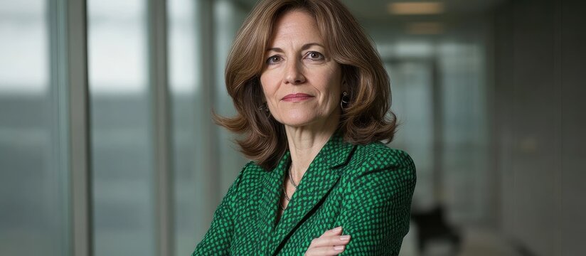 Professional Portrait of a Confident Middle-Aged Businesswoman in a Green Blazer Standing in a Modern Office Setting