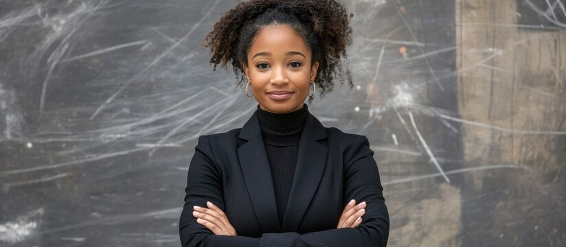 Portrait of a confident young African American professional woman wearing a black blazer and turtleneck with arms crossed