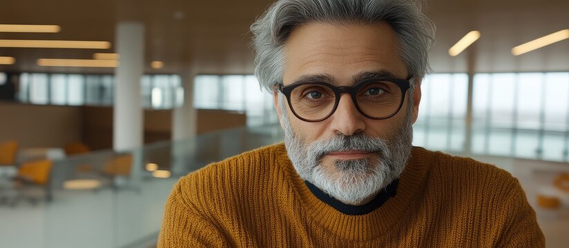 Portrait of a Mature Man with Grey Beard and Glasses Wearing Yellow Sweater in Modern Office