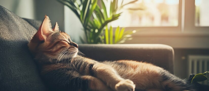 Adorable Tabby Cat Sleeping Peacefully on a Comfortable Couch in Warm Sunlight