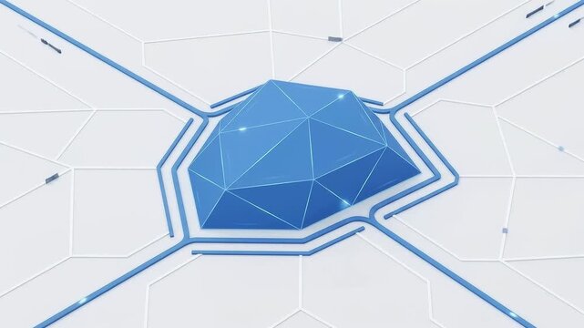 Futuristic Circuit Network Converging to Glowing Blue Crystal on White Background