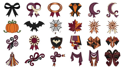 Fototapeta premium Halloween decorative vector icons set, autumn pumpkins, bats and magic moon symbols, witchcraft ornaments, vintage style badges and bows for spooky creative design isolated PNG with Transparent