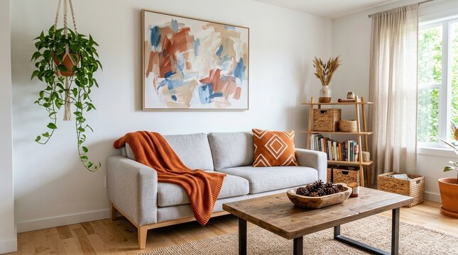 A stylish living room with a grey couch featuring an orange throw blanket and abstract wall artwork.