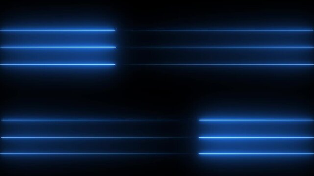 Abstract blue motion design with arrow lines. Neon laser light blinking lines moving animation. Blue neon line moving on black background. 