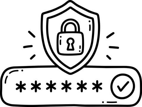 Protected password with padlock hand drawn monoline icon illustration for cybersecurity, authentication, account privacy, data protection, encryption and online security.