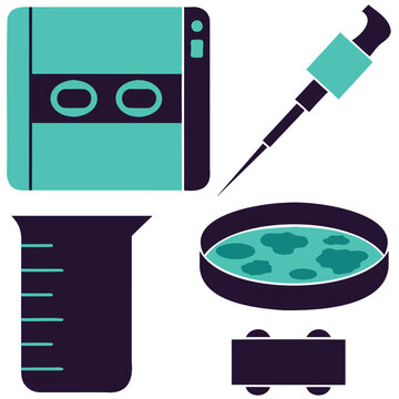 Laboratory equipment icons in teal and purple colors are isolated on a white background.