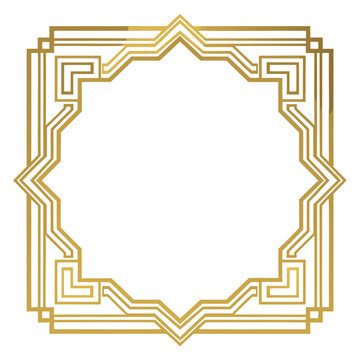 Gold frame with geometric art deco patterns stands out on a clean white background.