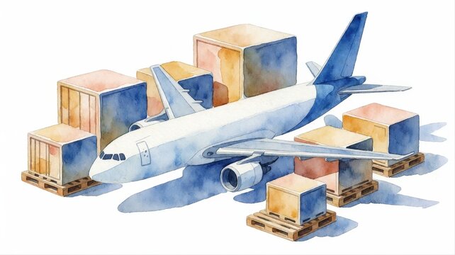 Watercolor Illustration of Cargo Plane Surrounded by Shipping Containers and Pallets