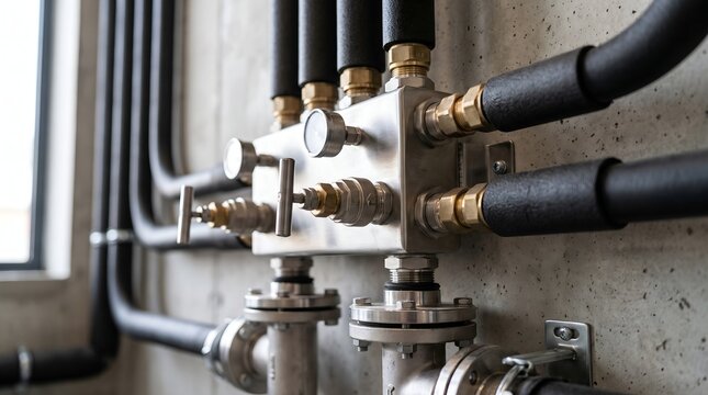 Detailed geothermal heat pump ground loop manifold with realistic valves, insulated piping and engineering connections for efficient residential heating and cooling systems technology design