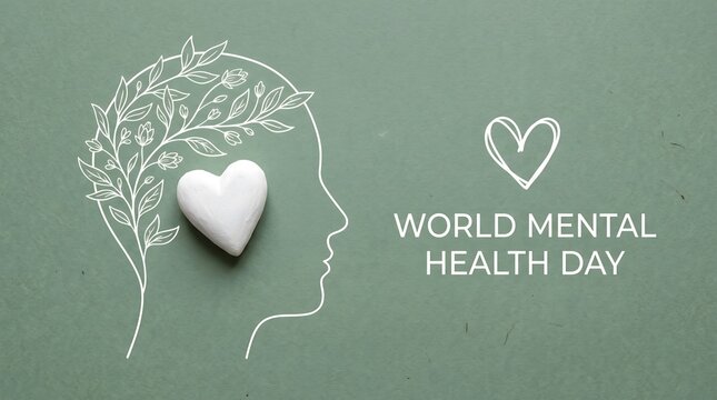 A conceptual image symbolizing mental health awareness features a human head outline with a glowing heart nestled within it against a calming green