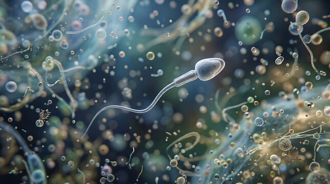 Human sperm cell swimming among microscopic bubbles and cells in colorful biological fluid