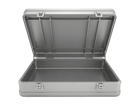 Open empty metallic briefcase isolated on transparent background
