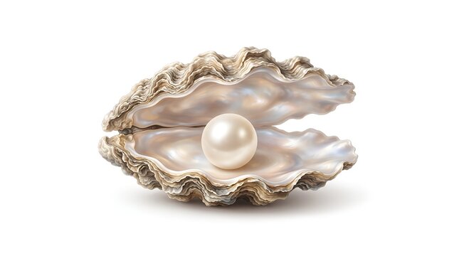 A shiny white pearl nestled inside a beautiful open oyster shell isolated on a white background.