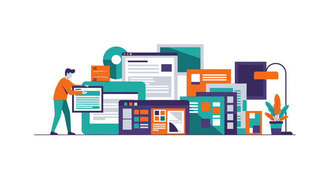 Web developer organizing digital UI windows and browser interfaces for website construction and content management illustration.