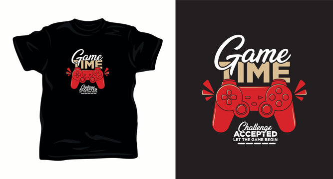 Red game controller with game time challenge accepted text for video game enthusiast apparel design.