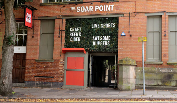 Leicester, England, UK - 3 September 2026: The Soar Point pub entrance and red brick facade